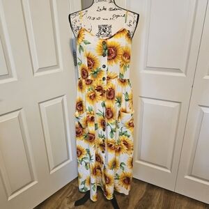 Sunflower Print Faux Button Down Cami Dress